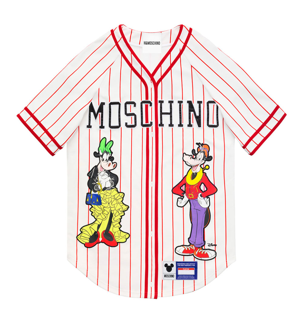 Vit baseball-tröja med röda ränder och Disney-figurer H&M x Moschino