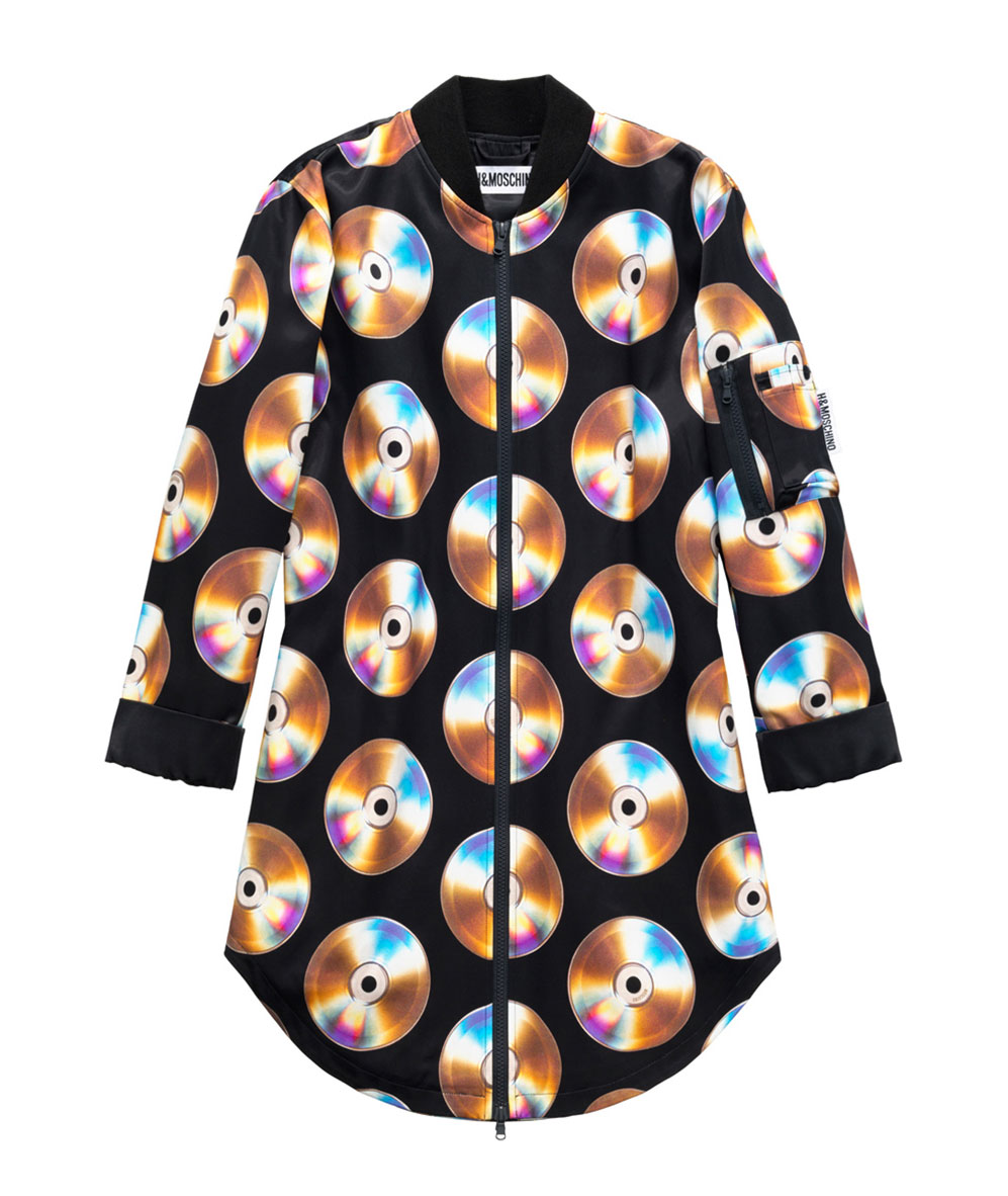 Svart klänning med motiv av cd-skivor H&M x Moschino
