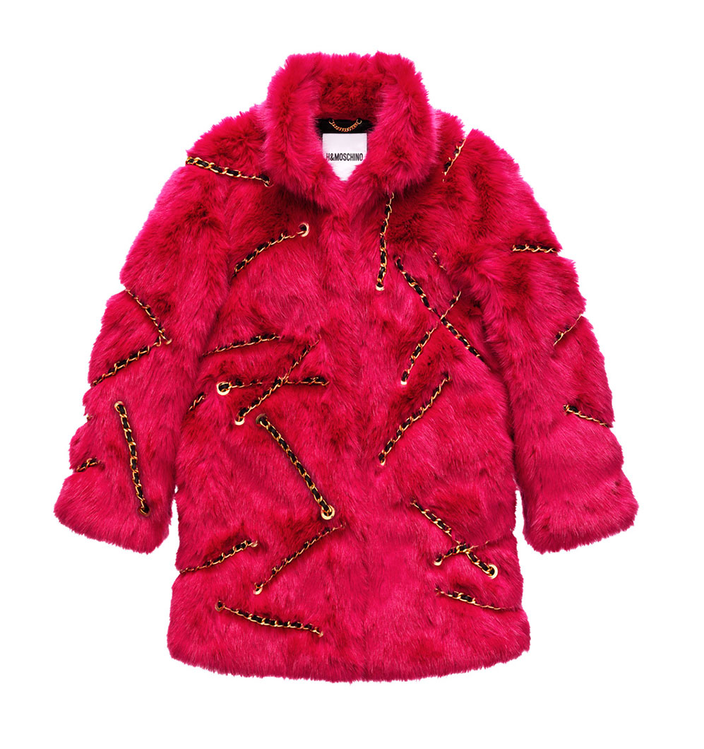 Cerise fuskpälsjacka med kedjor H&M x Moschino