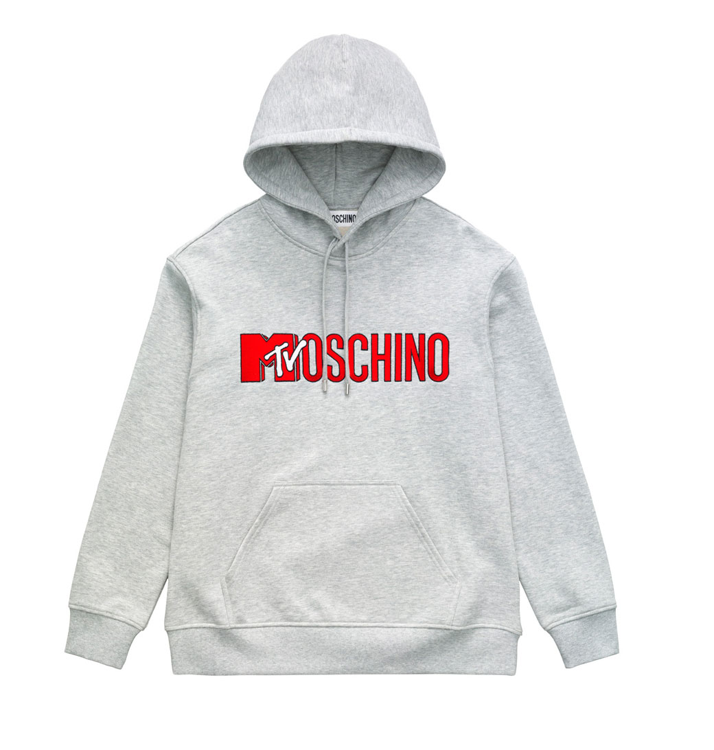 Grå hoodie med huva och MTV/Moschino-logo. H&M x Moschino