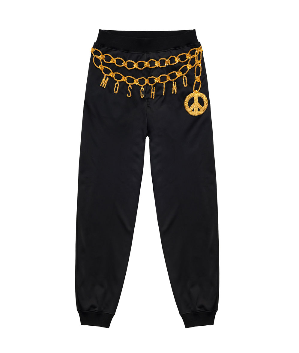 Svarta byxor med guldbrodyr från H&M x Moschino