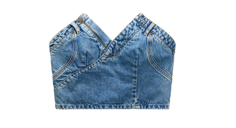 Kort axelbandslös jeanstopp från H&M x Moschino