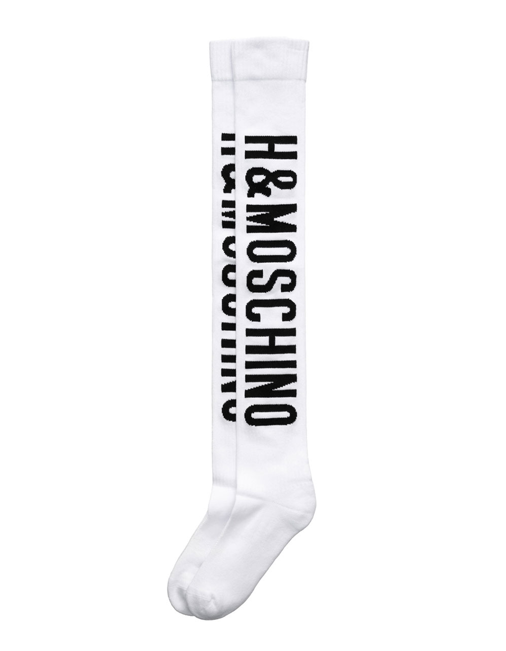 Vita knästrumpor med svart text H&M x Moschino