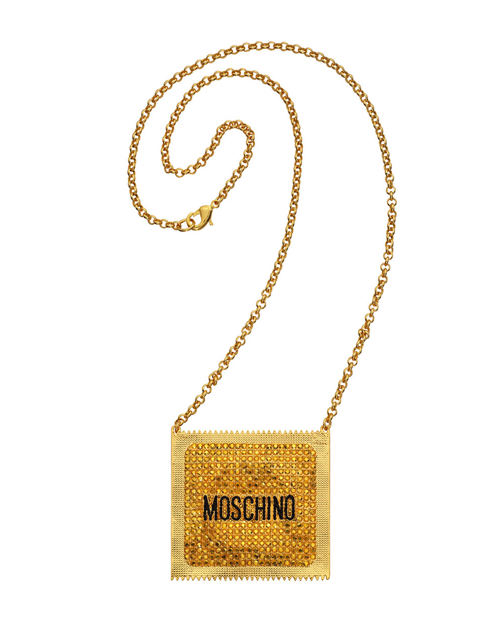 Halsband i guld med kondomförpackning som berlock H&M x Moschino