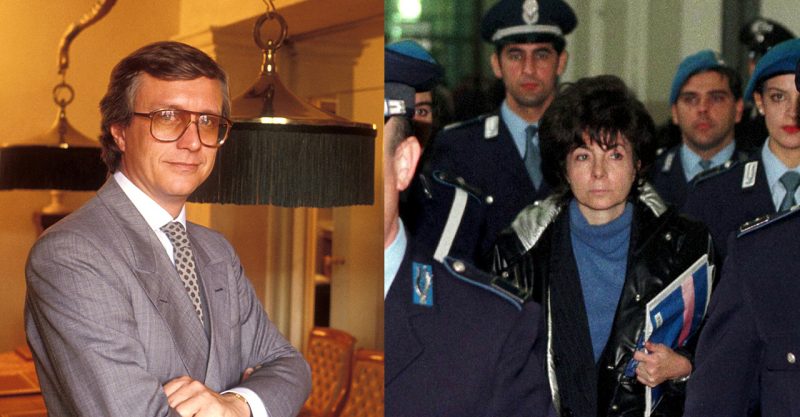 Maurizio Gucci innan sin död och Patrizia Reggiani under rättegången.